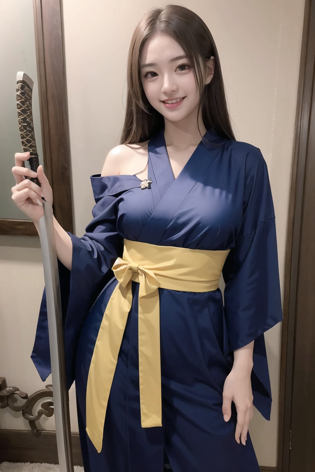 (masterpiece), 1girl, long brown hair, medium breast, hakama, holding katana, katana, weapon over shoulder,laughing and chatting,cosplay costume,1 girl,chinese talisman on forehead,Wearing edgTemptation