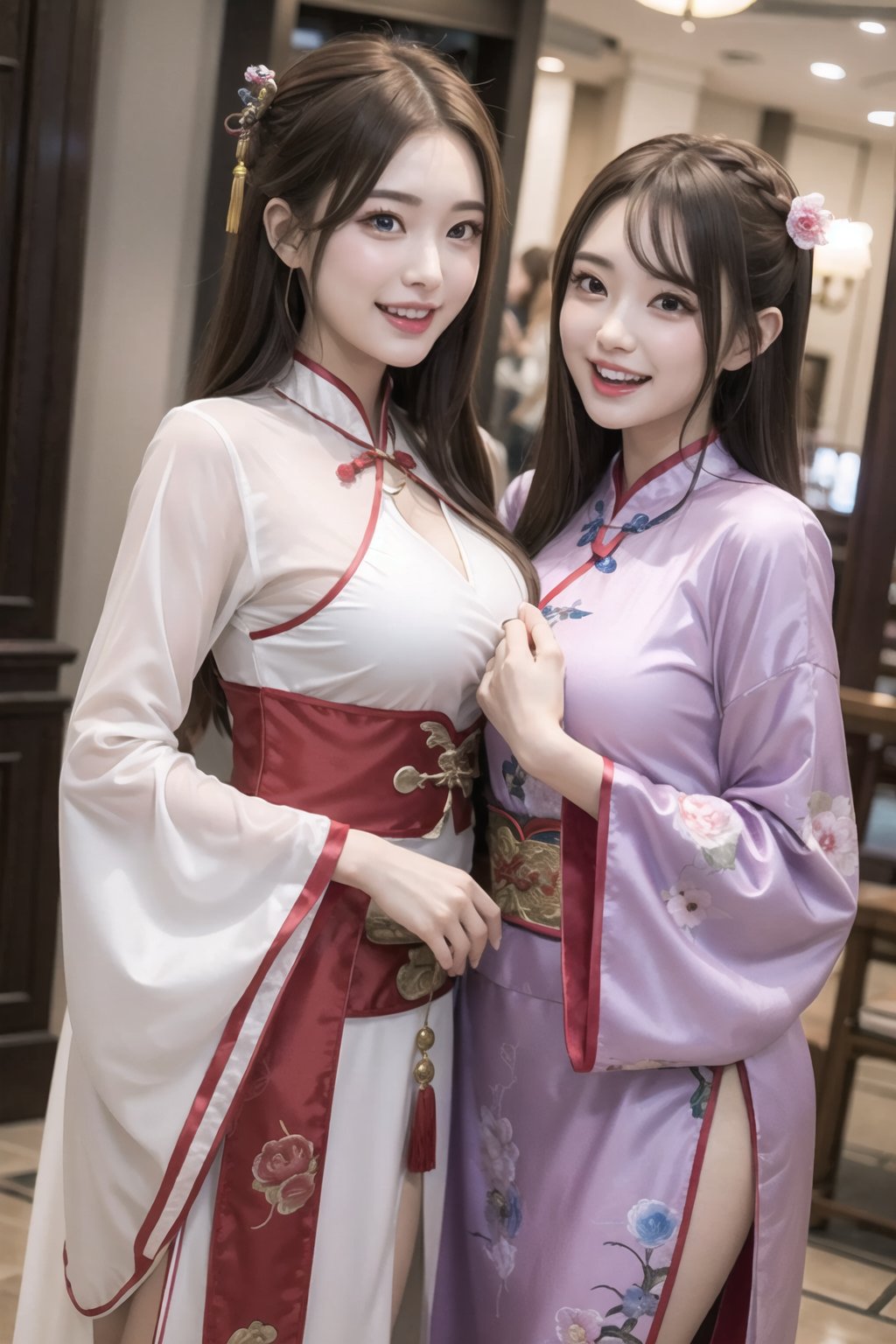 (masterpiece), 1girl, long brown hair, medium breast,  han chinese clothing,laughing and chatting,cosplay costume,2 girl,