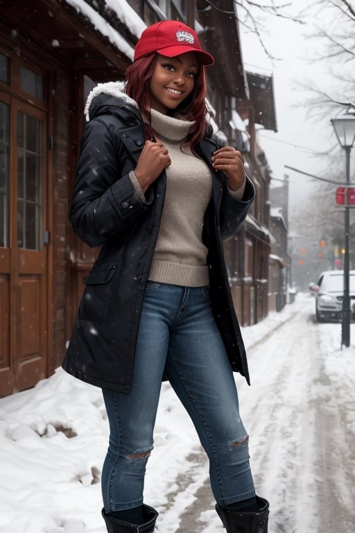 masterpiece, 1 black woman, dark skin, red hair, skinny body,
heavy coat, jeans, boots, woll cap, smiling, standing,
snowing