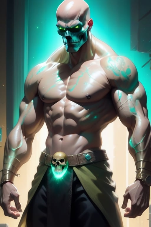 A towering figure with a pale, pasty yellow skin tone stands before you, his muscular frame exuding strength and power. His bald head gleams in the light, but it's the lights, with turquoise green glowing lights, emanating from the deep stitched skull sutures that run from the base of his skull at the rear to the eye socket in the front, truly catches your eye.