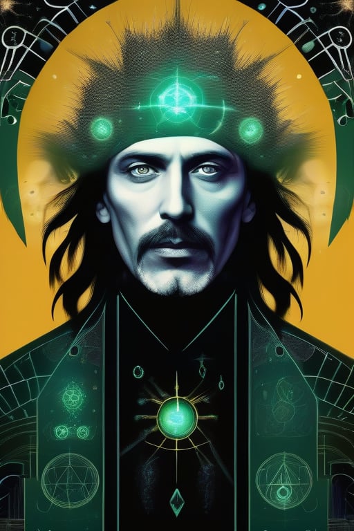 Long haired, green eyed, Surreal Alchemist: An abstract character portrait of a master alchemist, with his face surrounded by intricate alchemical symbols and surreal elements
