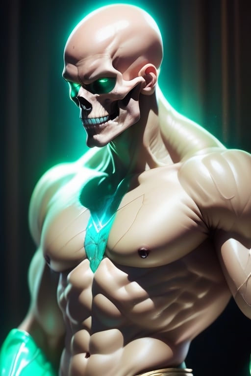 A towering figure with a pale, pasty yellow skin tone stands before you, his muscular frame exuding strength and power. His bald head gleams in the light, but it's the lights, with turquoise green glowing lights, emanating from the deep stitched skull sutures that run from the base of his skull at the rear to the eye socket in the front, truly catches your eye.