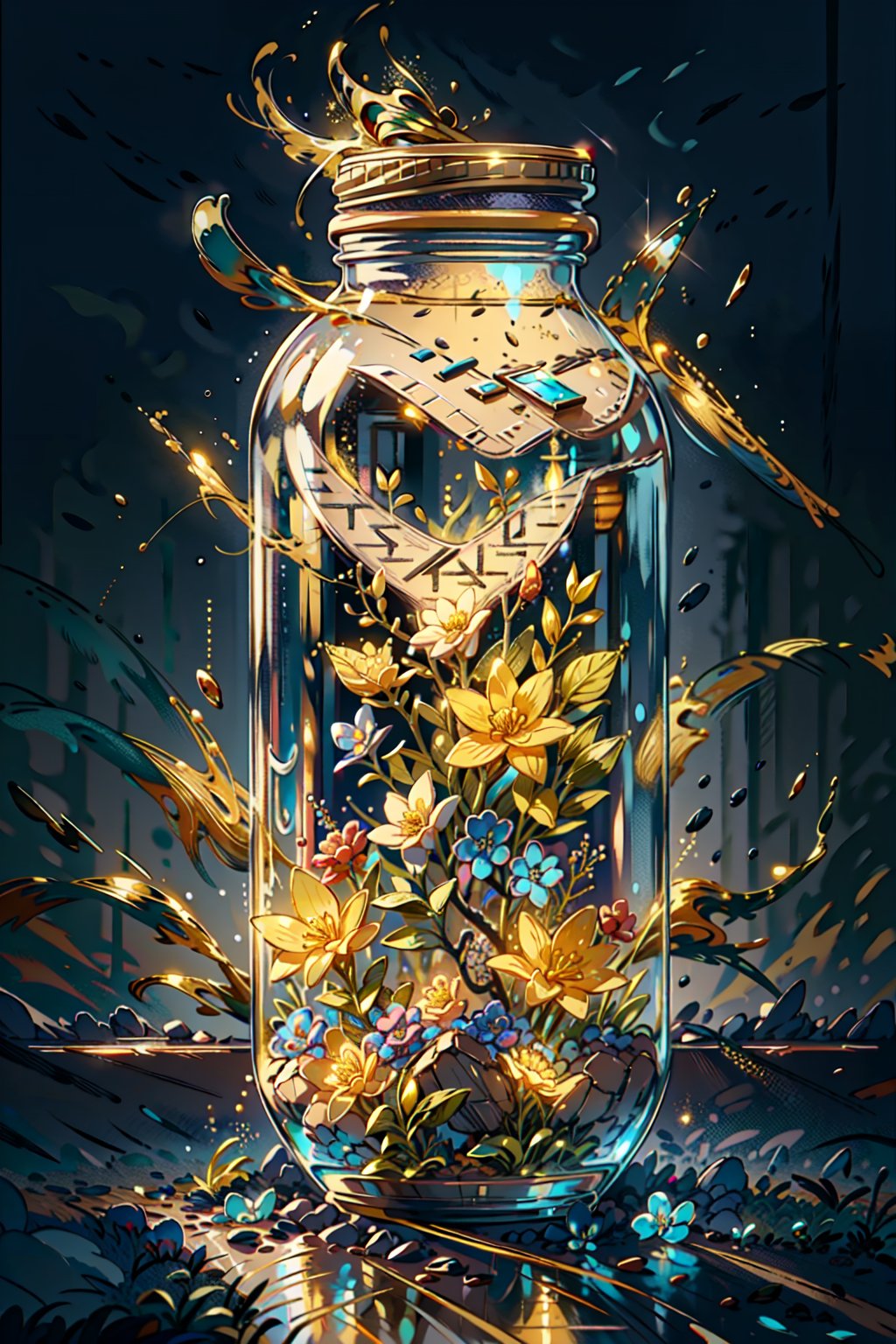 Highres, best quality, extremely detailed, area lighting in background, HD, 8k, extremely intricate:1.3), 1 girl, realistic, SMALL BODY, CUTE, GlowingRunes_yellow, stomach, elf, fairies, phgls, in container, Transparent colorless vaze, colorful flowers, warm colors, softly painted, very dark background, impressionistic, abstract, 