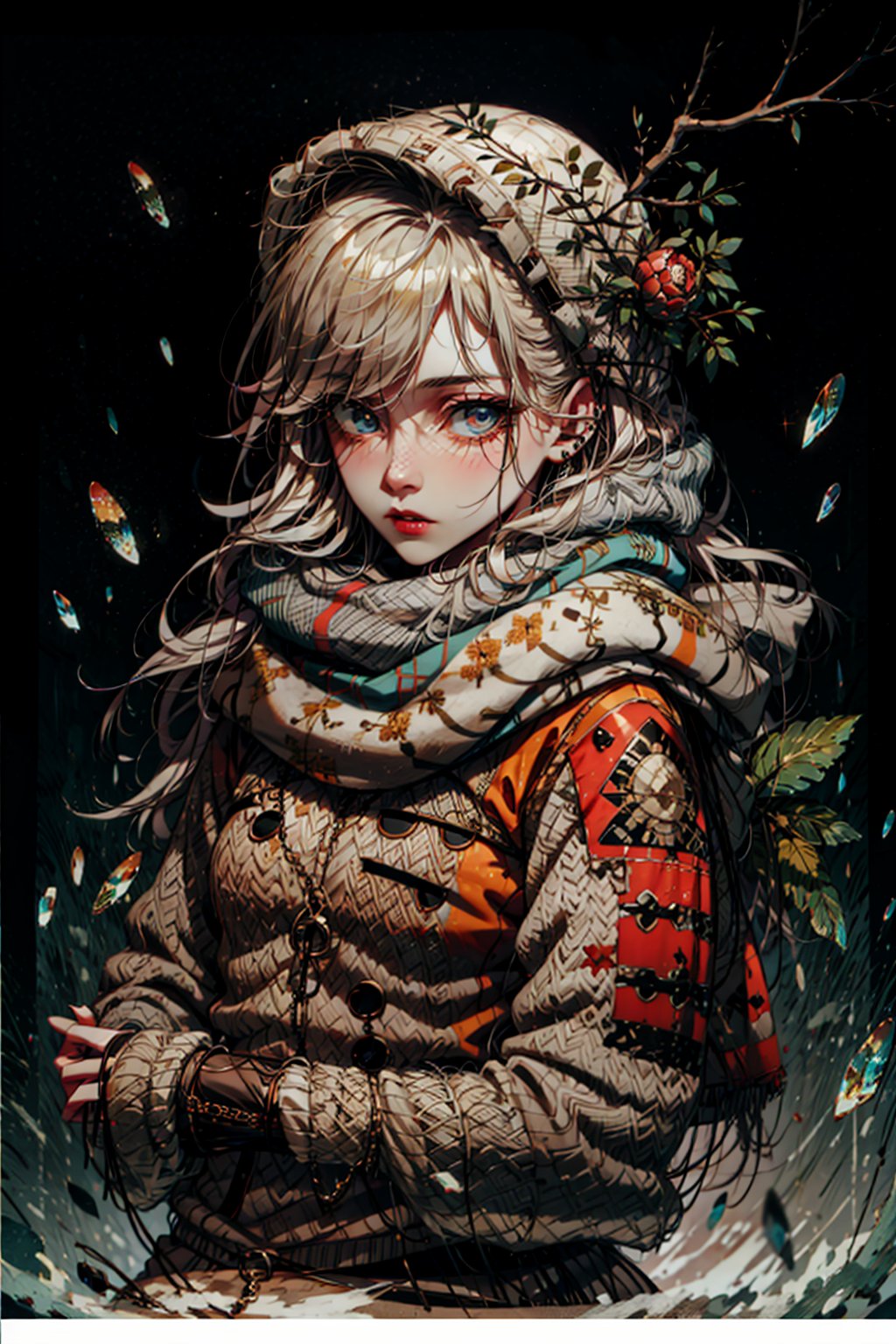 Masterpiece, Best Quality, High Resolution, Highly detailed, small teenage girl, DetailedFace, piercing blue eyes, glowing eyes, perfect eyes, voluminous ashblonde hair, hair over eyes, village girl, Budding breasts, Big oversized patchwork coat, grey winter coat, patches, dark blueish scarf, absurd res, winter, fantasy, 1900s train in background, somber atmosphere, Character design sheet