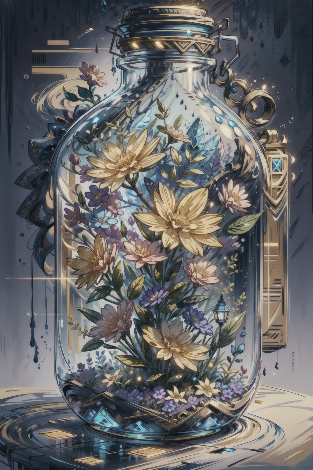 Highres, best quality, extremely detailed, area lighting in background, HD, 8k, extremely intricate:1.3), realistic, SMALL BODY, CUTE, GlowingRunes_yellow, stomach, elf, fairy, phgls, in container, Transparent colorless vaze, flowers, colorful background, flowers, warm colors, soft colors, impressionistic, abstract, 
