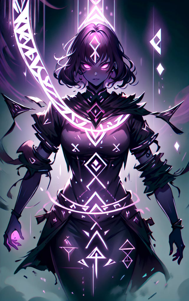 (High Quality, Highly Detailed, High resolution), female Sorcerer, casting spell, gorgeous Woman, Urban Techwear, Demonictech, GlowingRunes_Purple, RUNE_MAGIC, magic, aura, glowing, Violet (dark violet theme:1.2),