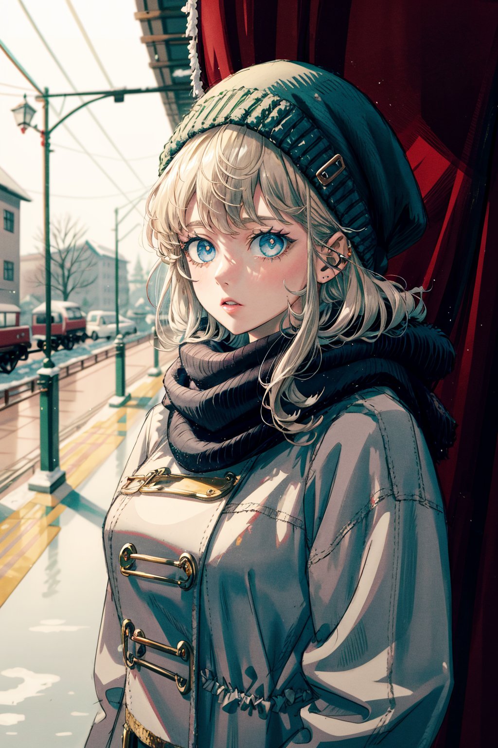 (Masterpiece, Best Quality, High Resolution, Highly detailed), small teenage girl, ((irresistably cute, super adorable)), DetailedFace, piercing blue eyes, glowing eyes, perfect eyes, (voluminous ashblonde hair), hair over eyes, village girl, Very big Oversized breasts, (Big oversized patchwork coat), grey winter coat, patches, dark blueish scarf, absurd res, winter, fantasy, 1900s train station in background, somber atmosphere, ratatatat74 style, UltraPlus style, 