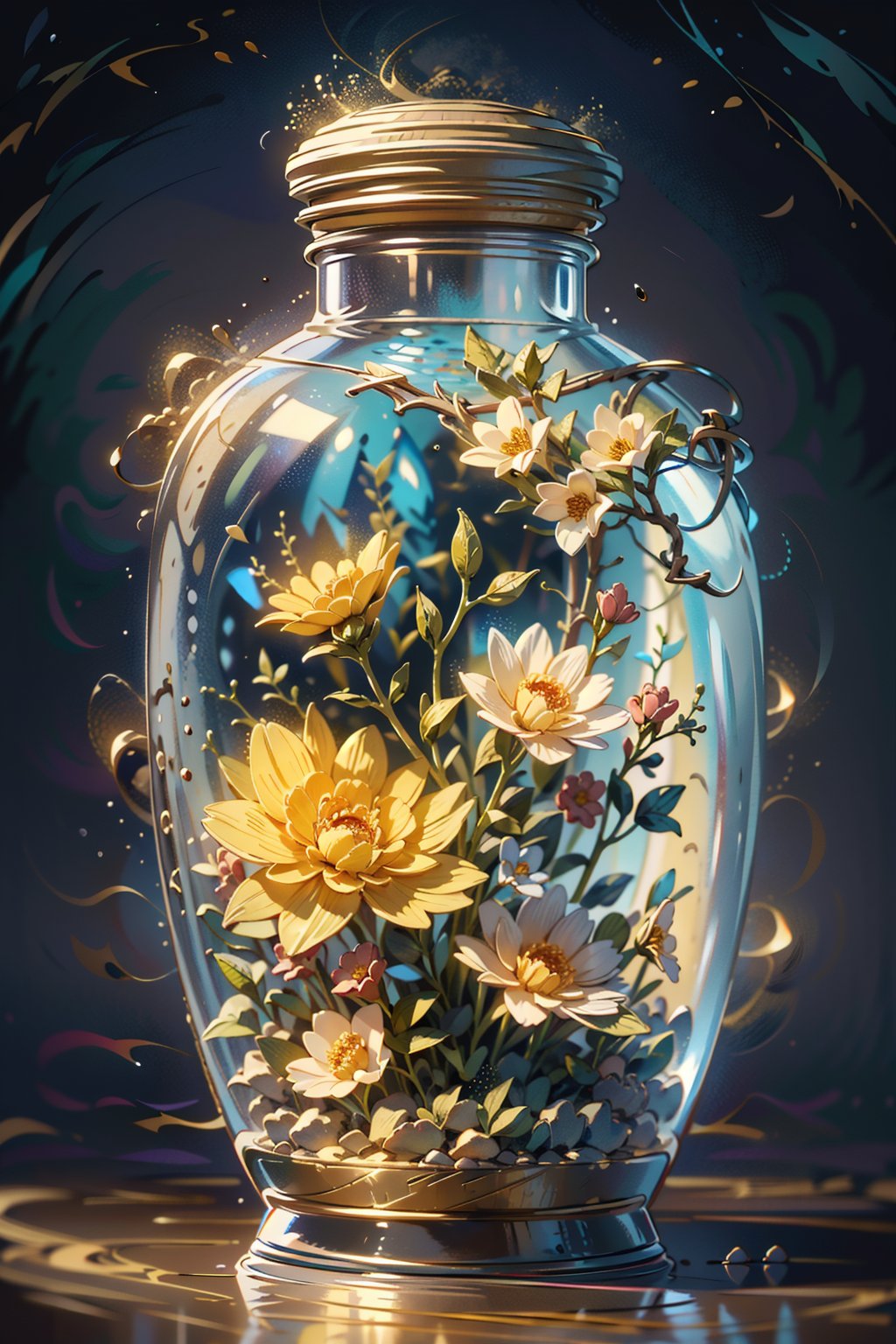 Highres, best quality, extremely detailed, area lighting in background, HD, 8k, extremely intricate:1.3), 1 girl, realistic, SMALL BODY, CUTE, GlowingRunes_yellow, stomach, elf, fairies, phgls, in container, Transparent colorless vaze, flowers, colorful background, flowers, warm colors, soft colors, impressionistic, abstract, 