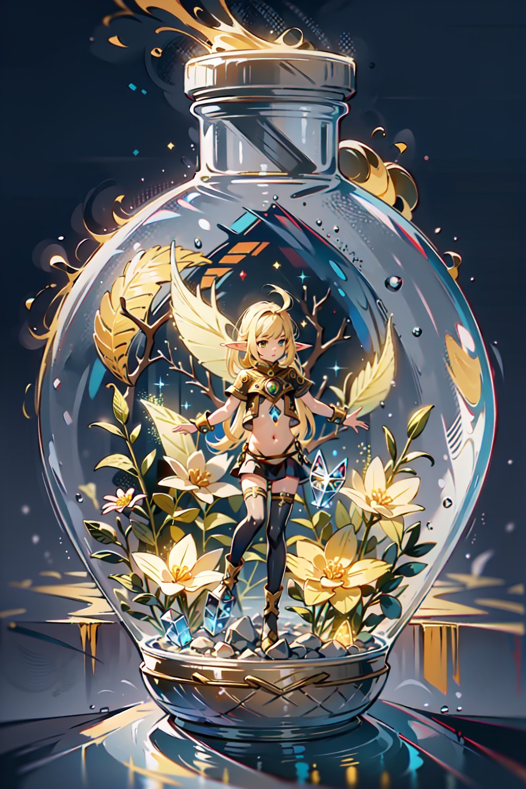 Highres, best quality, extremely detailed, area lighting in background, HD, 8k, extremely intricate:1.3), 1 girl, realistic, SMALL BODY, CUTE, GlowingRunes_yellow, stomach, elf, fairies, phgls, in container, Transparent colorless glass bowl, colorful flowers, warm colors, very dark background, 