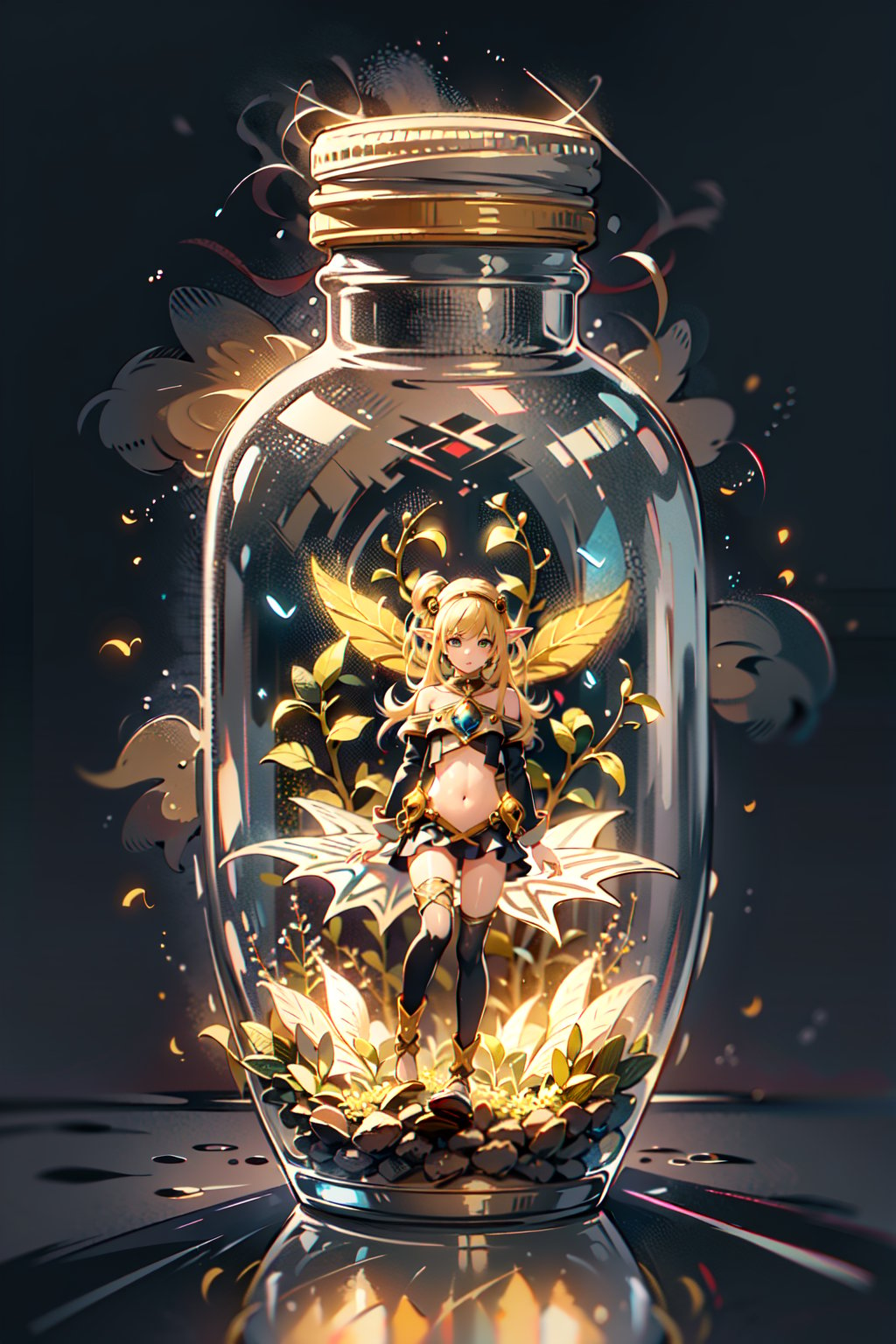 Highres, best quality, extremely detailed, area lighting in background, HD, 8k, extremely intricate:1.3), 1 girl, realistic, SMALL BODY, CUTE, GlowingRunes_yellow, stomach, elf, fairies, phgls, in container, Transparent colorless vaze, colorful flowers, warm colors, softly painted, very dark background, impressionistic, abstract, 