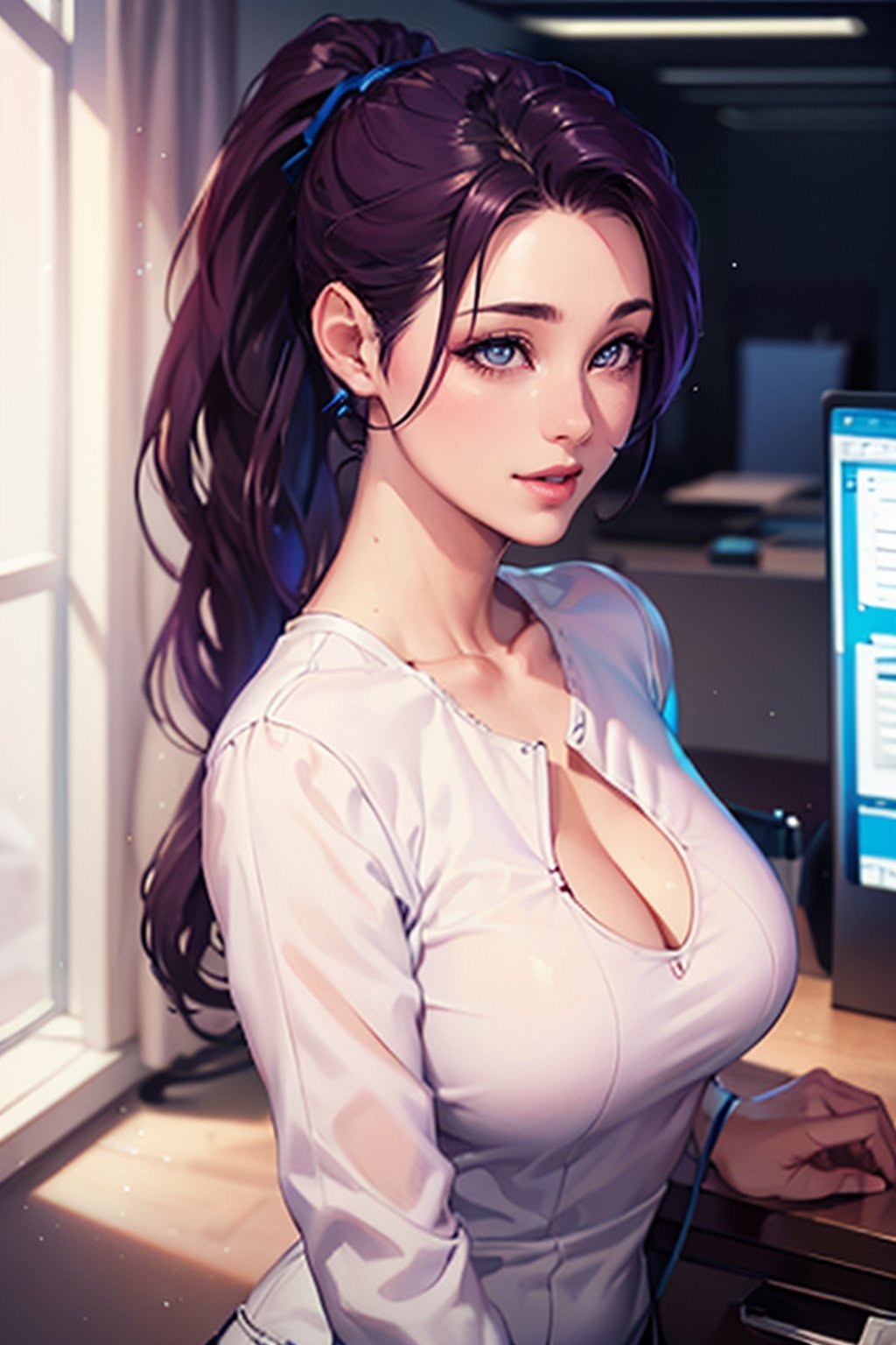 (Masterpiece), (Realistic), (Best Quality), (Super Detailed), Awesome, 1 beautiful office girl, 26 years old, front, half body, (wearing white suit), (white trousers), beautiful eyes, light pink lips, slightly parted lips, smile, exquisite eye makeup, collarbones, big breasts, dark purple hair, (ponytail), office, 
