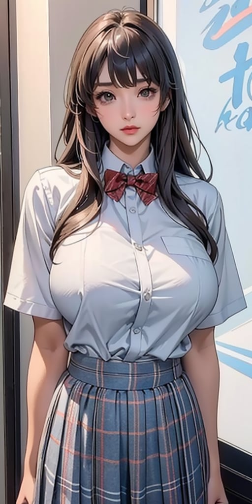 ealistic image of elegant lady, Korean beauty, supermodel, straight brown hair, (bangs 1.3), beautiful eyes, radiant, ice theme, custom design, 1girl, Venus figure with big breasts, red bow tie, white shirt, short sleeves, gray-blue plaid skirt, standing, school,sasha