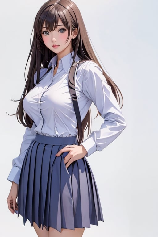 Anime style, female student, beautiful, long straight brown hair, bangs, big breasts, long-sleeved white shirt, gray-blue pleated skirt, white background,high_school_girl,midjourney,sagging breasts,Milf