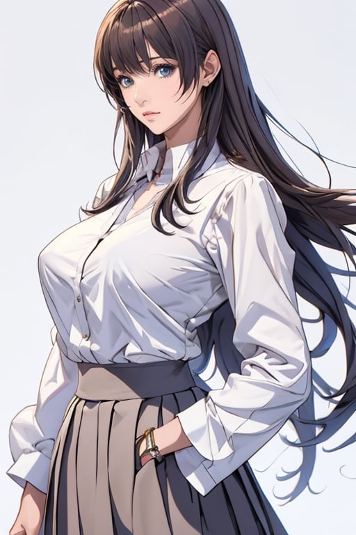 Anime style, female student, beautiful, long straight brown hair, bangs, big breasts, long-sleeved white shirt, gray-blue pleated skirt, white background