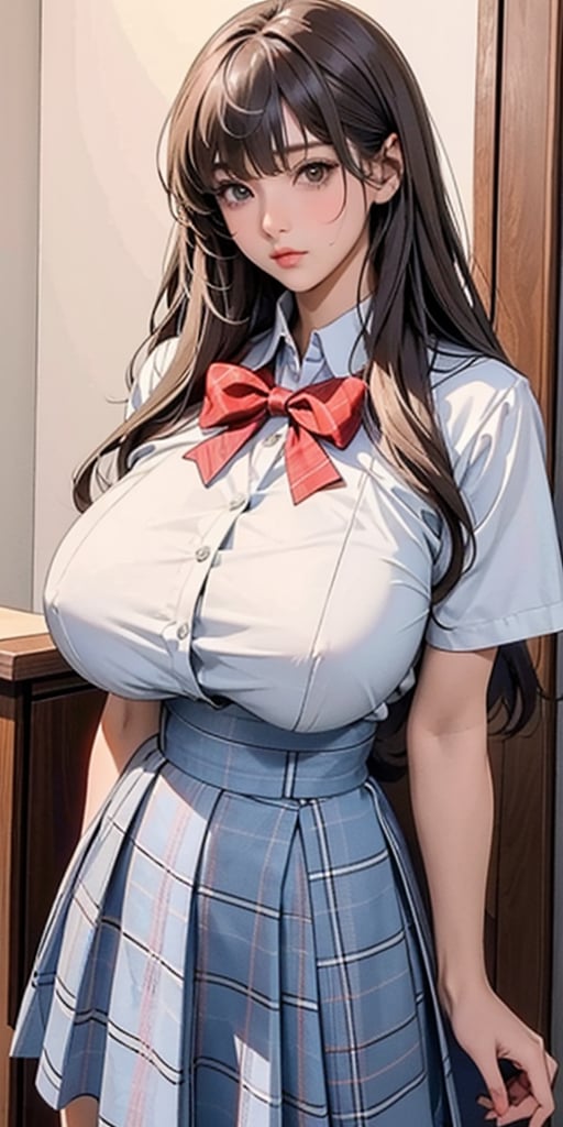 ealistic image of elegant lady, Korean beauty, supermodel, straight brown hair, (bangs 1.3), beautiful eyes, radiant, ice theme, custom design, 1girl, Venus figure with big breasts, red bow tie, white shirt, short sleeves, gray-blue plaid skirt, standing, school,sasha