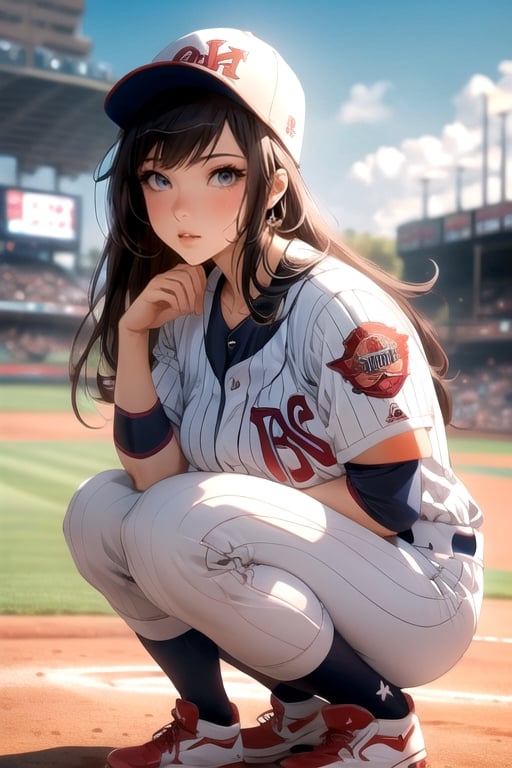 A woman wearing a baseball uniform stands on a baseball field, extremely detailed artgerm, style artgerm, beautiful anime girl squatting, seductive anime girl, range Murata and artgerm, 4k manga wallpaper, artgerm style, artgerm style, trend artgerm, ig model | artgerm, clean and detailed anime art, intricate details, cinematic light, 1girl, detailed face, beautiful and detailed eyes, big breasts, dynamic angles, exquisite and beautiful hair, extremely delicate and beautiful fabrics, perfect face, perfect eyes, perfect lips, (baseball uniform), (baseball cap), (cowboy shooting), zettai Ryouiki (baseball field in the background)
,High detailed 