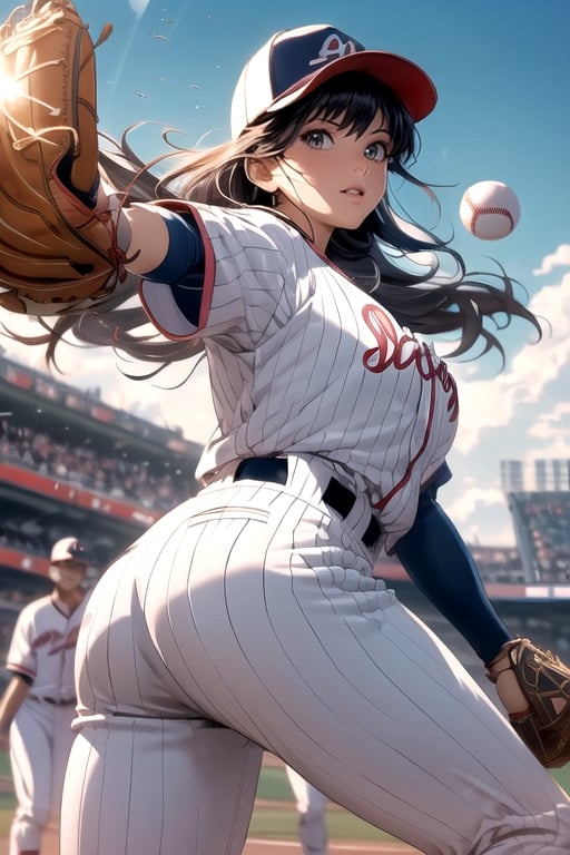 Anime baseball player in uniform throwing a ball, Highly detailed official artwork, Detailed digital anime art, Scope Murata and Artgerm, [4k Digital Art]!!, Clean detailed anime art, Artgerm and Atey Ghailan, Marin Kitakawa Fan art, best anime 4k konachan wallpapers, cinematic lighting, filters, 1girl, detailed face, beautiful detailed eyes, (big breasts 1.2), big ass, dynamic angles, fine and beautiful hair, extremely fine and beautiful cloth , perfect face, perfect eyes, perfect lips, (baseball uniform), (baseball cap), (cowboy shooting), zettai Ryouiki (baseball field), high-detailed, midway, high-detailed, (bouncing breasts 1.3)
,High detailed ,midjourney