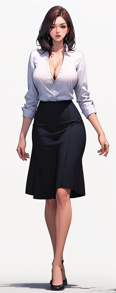 (Masterpiece), (Realistic), (Excellent), (Super detailed), Awesome, beautiful office girl, Korean girl, 28 years old, full body, (wearing white long-sleeved shirt 1.2), blue and black skirt, woman has beautiful big breasts Eyes, light pink lips, slightly parted lips, delicate eye makeup, slightly plump figure, collarbone, big breasts, cleavage, brown hair, high-heeled shoes, walking, (white background), silhouette
