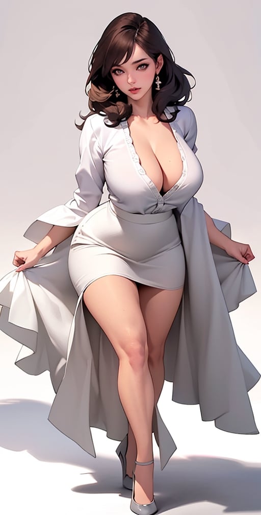 (Masterpiece), (Realistic), (Excellent), (Super detailed), Awesome, beautiful office girl, Korean girl, 28 years old, full body, (wearing white long-sleeved shirt 1.2), blue and black skirt, woman has beautiful big breasts Eyes, light pink lips, slightly parted lips, delicate eye makeup, slightly plump figure, collarbone, big breasts, cleavage, brown hair, high-heeled shoes, walking, (white background), silhouette
