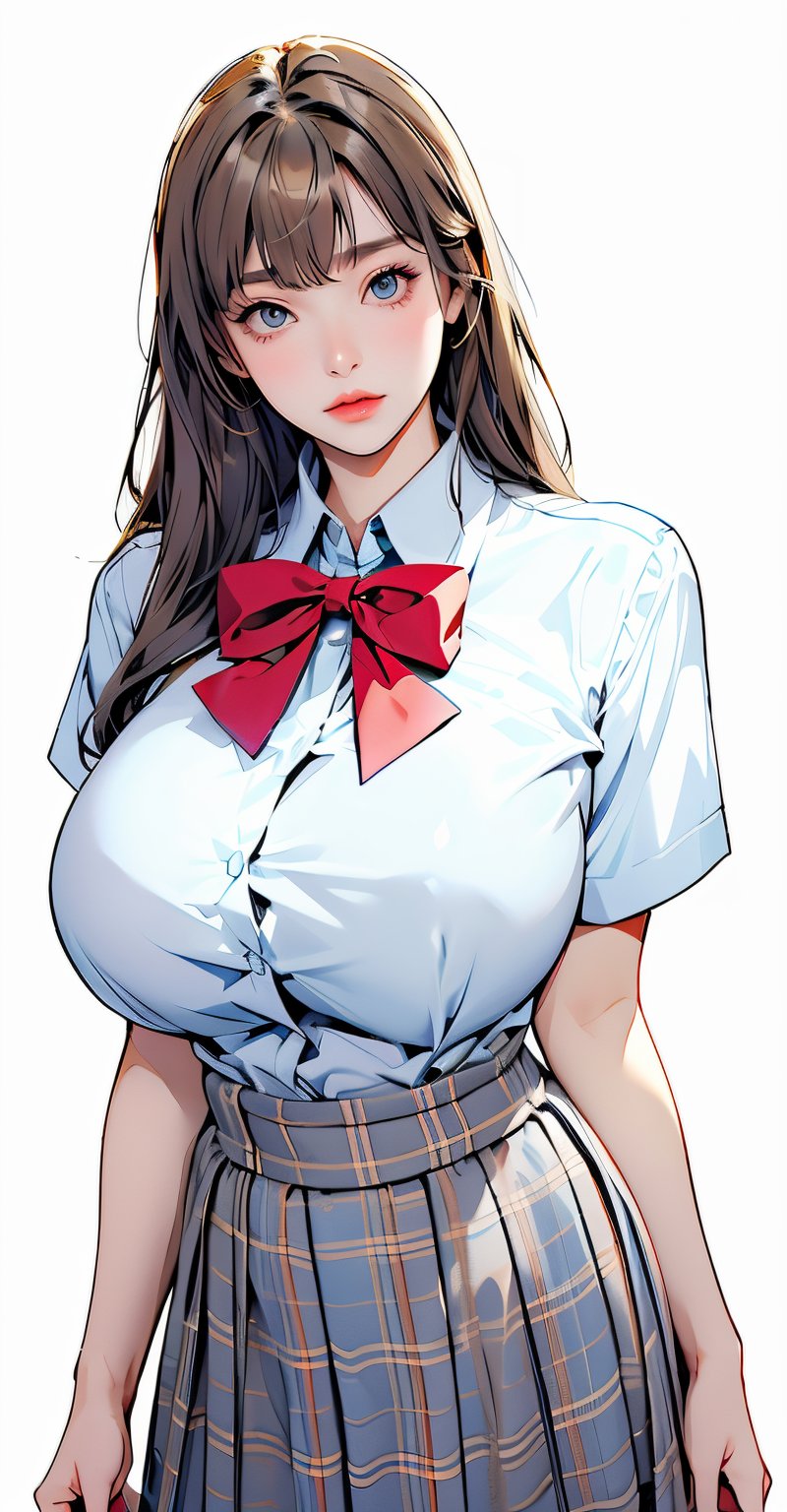 ealistic image of elegant lady, Korean beauty, supermodel, straight brown hair, (bangs 1.3), beautiful eyes, radiant, ice theme, custom design, 1girl, Venus figure with big breasts, red bow tie, white shirt, short sleeves, gray-blue plaid skirt, standing, white background 1.2,mature female,wlop,niji