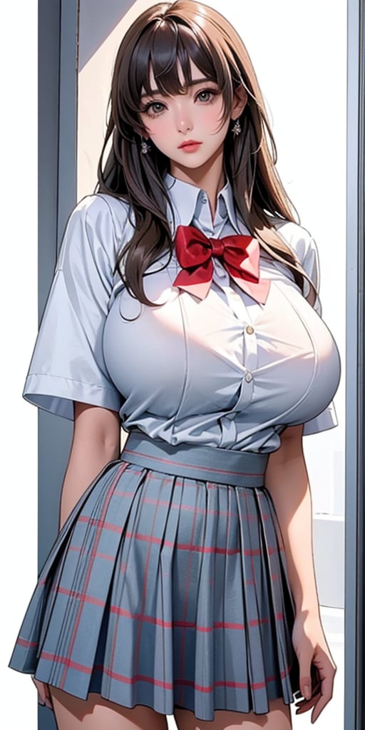 ealistic image of elegant lady, Korean beauty, supermodel, straight brown hair, (bangs 1.3), beautiful eyes, radiant, ice theme, custom design, 1girl, Venus figure with big breasts, red bow tie, white shirt, short sleeves, gray-blue plaid skirt, standing, school,sasha