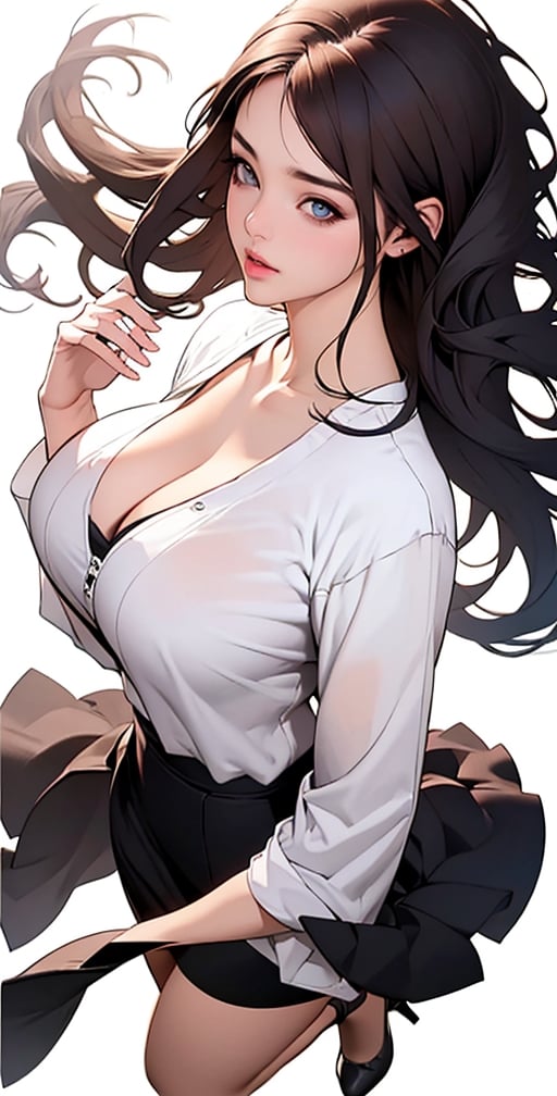 (Masterpiece), (Realistic), (Excellent), (Super detailed), Awesome, beautiful office girl, Korean girl, 28 years old, full body, (wearing white long-sleeved shirt 1.2), blue and black skirt, woman has beautiful big breasts Eyes, light pink lips, slightly parted lips, delicate eye makeup, slightly plump figure, collarbone, big breasts, cleavage, brown hair, high-heeled shoes, walking, (white background), silhouette
