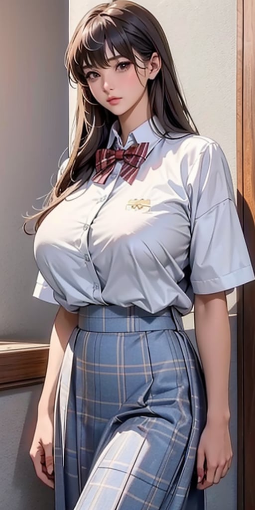 ealistic image of elegant lady, Korean beauty, supermodel, straight brown hair, (bangs 1.3), beautiful eyes, radiant, ice theme, custom design, 1girl, Venus figure with big breasts, red bow tie, white shirt, short sleeves, gray-blue plaid skirt, standing, school,sasha