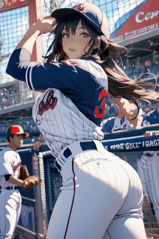 Anime baseball player in uniform throwing a ball, Highly detailed official artwork, Detailed digital anime art, Scope Murata and Artgerm, [4k Digital Art]!!, Clean detailed anime art, Artgerm and Atey Ghailan, Marin Kitakawa Fan art, best anime 4k konachan wallpapers, cinematic lighting, filters, 1girl, detailed face, beautiful detailed eyes, (big breasts 1.2), big ass, dynamic angles, fine and beautiful hair, extremely fine and beautiful cloth , perfect face, perfect eyes, perfect lips, (baseball uniform), (baseball cap), (cowboy shooting), zettai Ryouiki (baseball field), high-detailed, midway, high-detailed, (bouncing breasts 1.3)
,High detailed ,midjourney