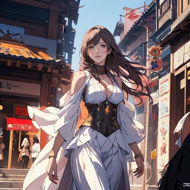 Anime girl with flowing hair standing on top of a building, concept art by Victor Wang, art station contest winner, fantasy art, cg station trend, art station by guweiz on pixiv, beautiful and charming anime woman, big breasts, cleavage, mature and sexy , brown hair, white dress, 2. 5d cgi anime fantasy artwork, very detailed art sprout, ross tran 8k, guweiz on pixiv art site,