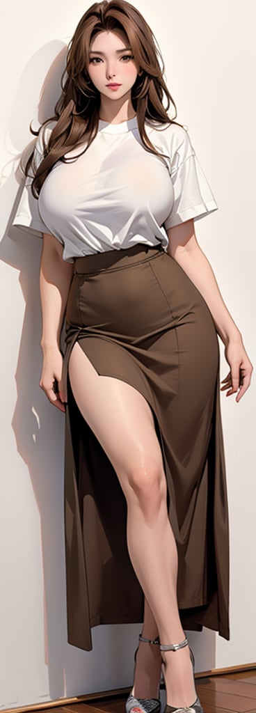 Best picture quality, high resolution, 8k, realistic, sharp focus, realistic elegant lady image, Korean beauty, supermodel, full body, brown straight hair, beautiful eyes, radiant, ice theme, custom design, 1girl, Weiner Slim body, big breasts, (long straight brown hair: 1.5), beautiful legs, casual clothes, short-sleeved white T-shirt, skirt, casual shoes
