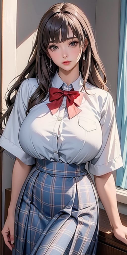 ealistic image of elegant lady, Korean beauty, supermodel, straight brown hair, (bangs 1.3), beautiful eyes, radiant, ice theme, custom design, 1girl, Venus figure with big breasts, red bow tie, white shirt, short sleeves, gray-blue plaid skirt, standing, school,sasha