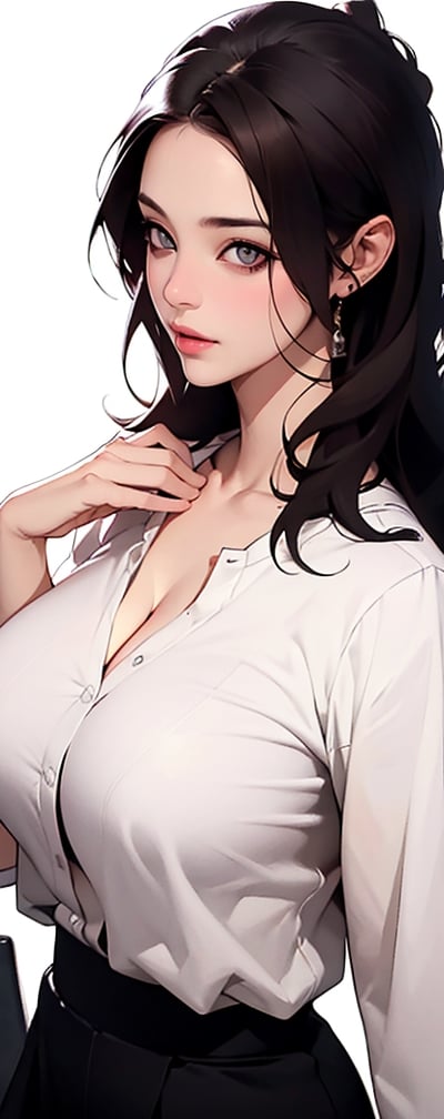 (Masterpiece), (Realistic), (Excellent), (Super Detailed), Awesome, beautiful office girl, Korean girl, 28 years old, (wearing white long-sleeved shirt 1.2), blue and black tight skirt, woman has beautiful Big eyes, light pink lips, slightly parted lips, exquisite eye makeup, slightly plump figure, collarbones, big breasts, cleavage, medium-long brown hair,bangs, (white background), silhouette