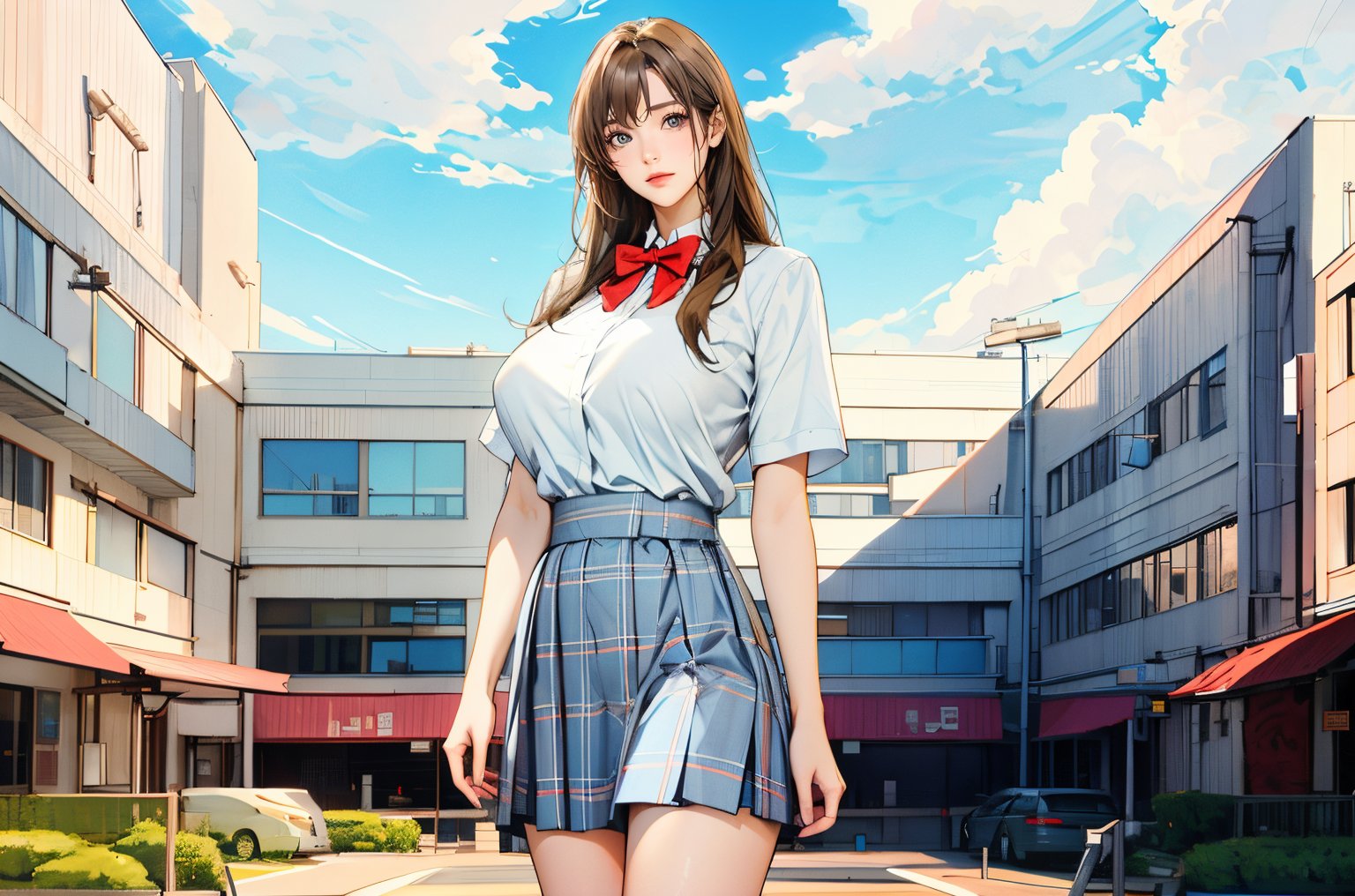 realistic image of elegant lady, Korean beauty, supermodel, straight brown hair, (bangs 1.3), beautiful eyes, radiant, ice theme, custom design, 1girl, Venus figure with big breasts, red bow tie, white shirt, short sleeves, gray-blue plaid skirt, standing, campus background 1.5, niji, zcshinkai\(\style\),wlop,midjourney