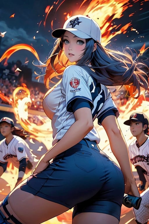 Anime baseball player in uniform swinging a baseball bat, Highly detailed official artwork, Detailed digital anime art, Scope Murata and Artgerm, [4k Digital Art]!!, Clean detailed anime art, Art germ and Atey Ghailan, Marin Kitakawa fan art, best animated 4k konachan wallpapers, movie lights, filters, 1girl, detailed face, beautiful and detailed eyes, (big breasts 1.2), big ass, dynamic angles, delicate and beautiful hair, extremely detailed and beautiful cloth, perfect face, perfect eyes, perfect lips, (baseball uniform), (baseball cap), (cowboy shooting), zettai Ryouiki (baseball field 1.5), high-detailed, midway, high-detailed, (bouncing breasts 1.3), silhouette
