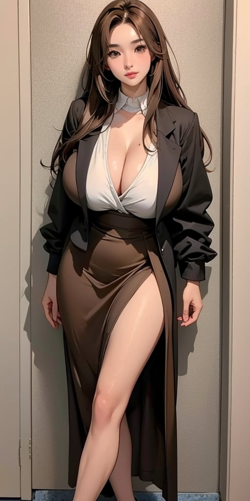  Korean beauty, supermodel, straight brown hair, beautiful eyes, radiant, ice theme, custom design, 1girl, Venus figure , big breasts, (slight smile: 0.7), big breasts, cleavage, (llong straight brown hair: 1.5), beautiful legs,  black suit jacket 1.4, black skirt