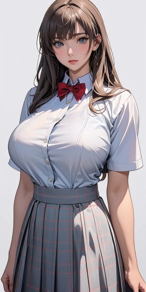 Anime style, female student, beautiful, straight brown hair, (bangs 1.3), beautiful eyes, radiant, ice theme, custom design, 1girl, Venus figure with big breasts, red bow tie, white shirt, short sleeves, gray-blue plaid skirt, standing, white background 1.2,mature female