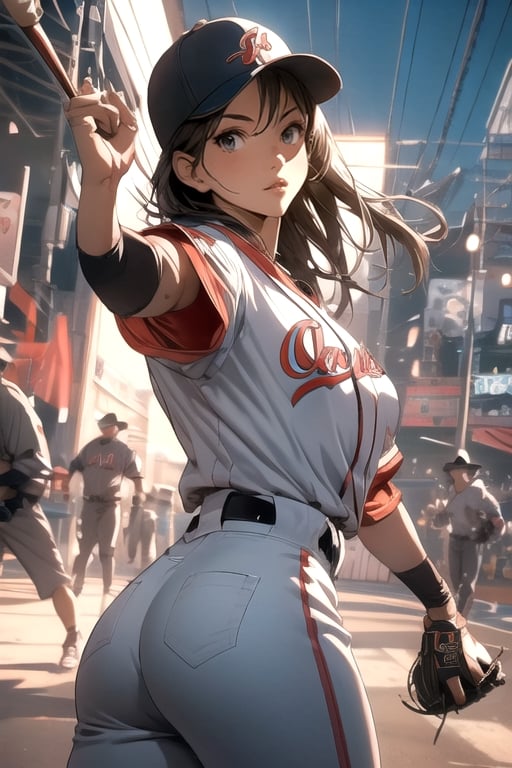 Anime baseball player in uniform throwing a ball, Highly detailed official artwork, Detailed digital anime art, Scope Murata and Artgerm, [4k Digital Art]!!, Clean detailed anime art, Artgerm and Atey Ghailan, Marin Kitakawa Fan art, best anime 4k konachan wallpapers, cinematic lighting, filters, 1girl, detailed face, beautiful detailed eyes, (big breasts 1.2), big ass, dynamic angles, fine and beautiful hair, extremely fine and beautiful cloth , perfect face, perfect eyes, perfect lips, (baseball uniform), (baseball cap), (cowboy shooting), zettai Ryouiki (baseball field), high-detailed, midway, high-detailed, (bouncing breasts 1.3)
,High detailed ,midjourney