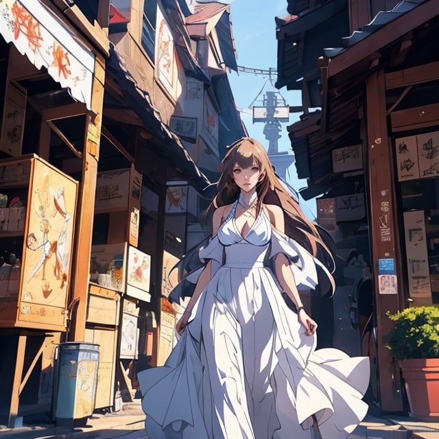 Anime girl with flowing hair standing on top of a modern building, concept art by Victor Wang, art station contest winner, fantasy art, cg station trend, art station by guweiz on pixiv, beautiful and charming anime woman, big breasts, cleavage, mature sexy, brown hair, white dress, 2. 5d cgi anime fantasy artwork, very detailed art sprout, ross tran 8k, guweiz on pixiv art site,
