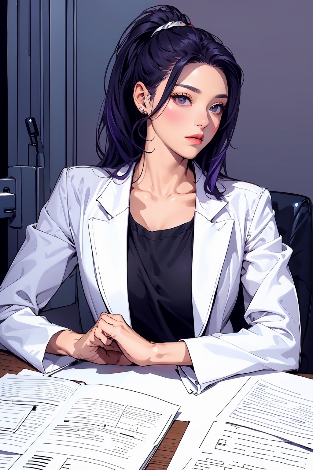 Office girl, beautiful, black and purple hair, white suit 1.3, black T-shirt, red office chair, documents, dark underground secret room
,niji,midjourney,seolhyunlorashy