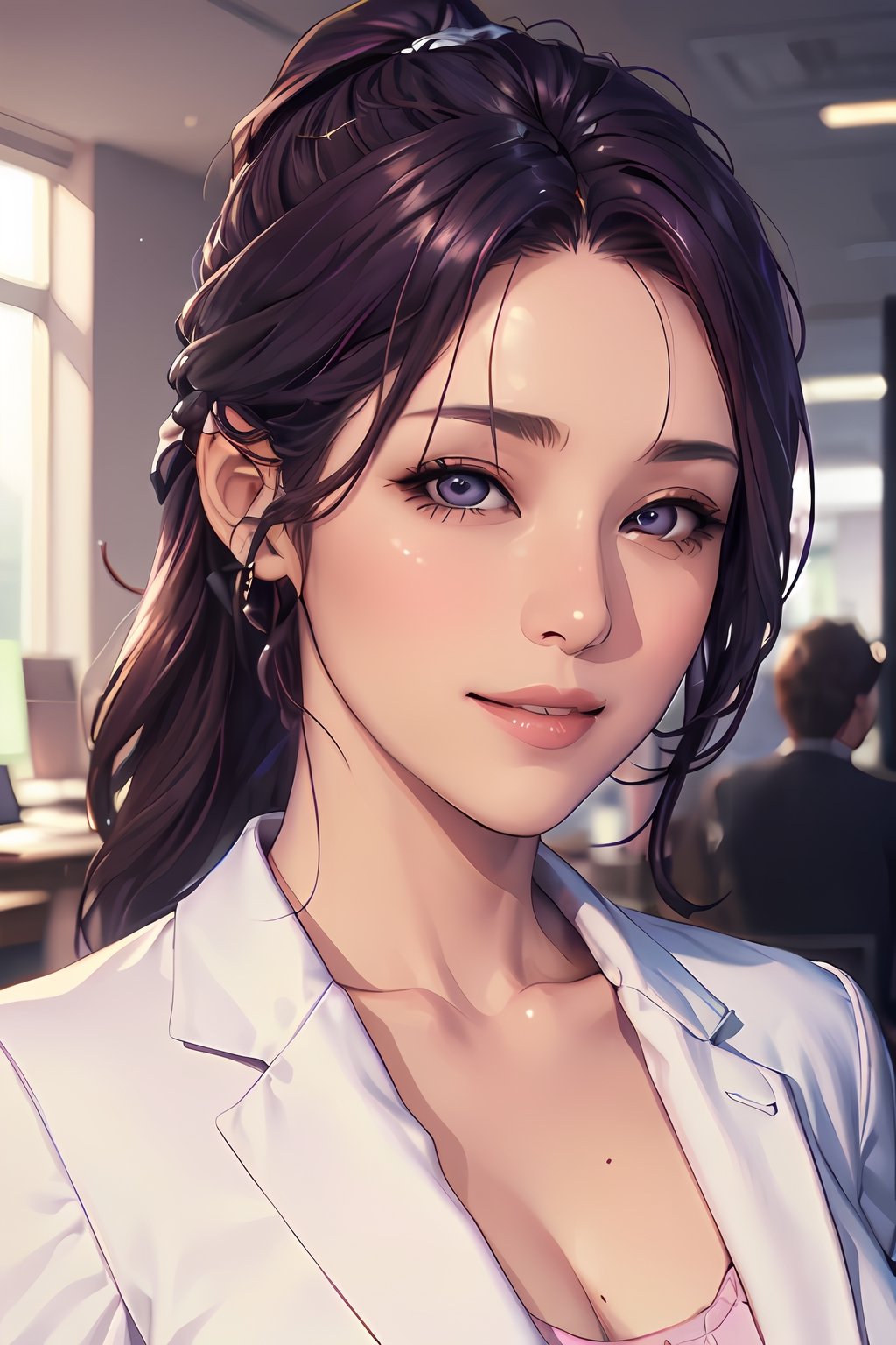 (Masterpiece), (Realistic), (Best Quality), (Super Detailed), Awesome, 1 beautiful office girl, 26 years old, front, half body, (wearing dark executive suit), (white trousers) , beautiful eyes, light pink lips, slightly parted lips, smile, exquisite eye makeup, collarbone, big breasts, dark purple hair, (ponytail), office
,outline,oda non,seolhyunlorashy,midjourney