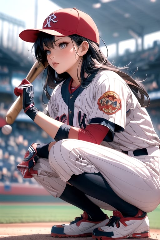 A woman wearing a baseball uniform stands on a baseball field, extremely detailed artgerm, style artgerm, beautiful anime girl squatting, seductive anime girl, range Murata and artgerm, 4k manga wallpaper, artgerm style, artgerm style, trend artgerm, ig model | artgerm, clean and detailed anime art, intricate details, cinematic light, 1girl, detailed face, beautiful and detailed eyes, big breasts, dynamic angles, exquisite and beautiful hair, extremely delicate and beautiful fabrics, perfect face, perfect eyes, perfect lips, (baseball uniform), (baseball cap), (cowboy shooting), zettai Ryouiki (baseball field in the background)
