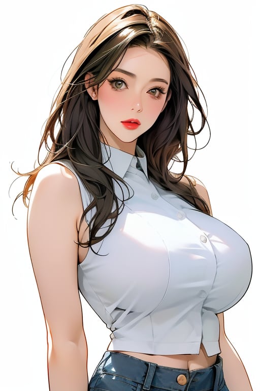 (Extremely realistic MAX, best quality, masterpiece, high resolution, high quality, high details, perfect human anatomy, 16K, very fine details, premium RAW photos, realistic face and body, various colors detailed , film lighting), 1girl, solo, breasts, looking at the viewer, brown hair, simple background, shirt, white background, jeans, sleeveless, midriff, waistband, hair over one eye, lustful, confused look, angelawhite
