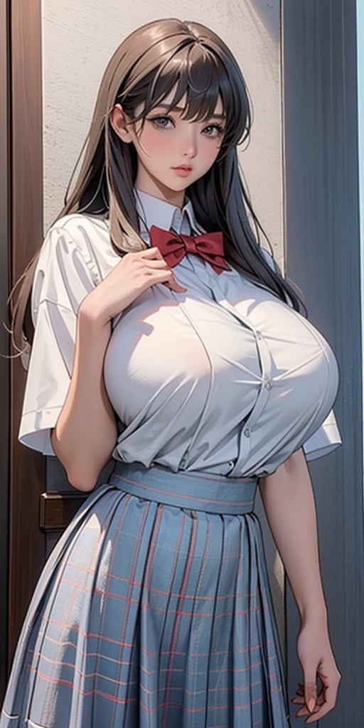 ealistic image of elegant lady, Korean beauty, supermodel, straight brown hair, (bangs 1.3), beautiful eyes, radiant, ice theme, custom design, 1girl, Venus figure with big breasts, red bow tie, white shirt, short sleeves, gray-blue plaid skirt, standing, school,sasha