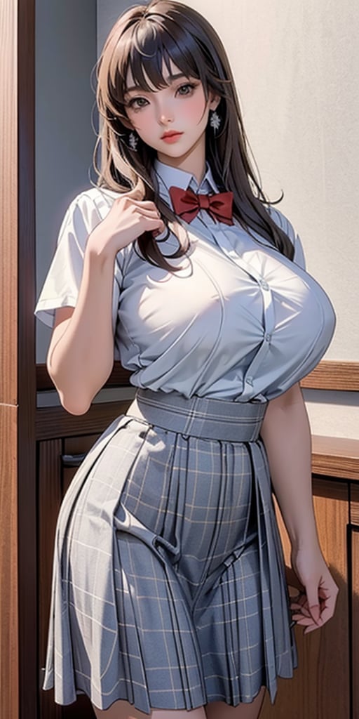 ealistic image of elegant lady, Korean beauty, supermodel, straight brown hair, (bangs 1.3), beautiful eyes, radiant, ice theme, custom design, 1girl, Venus figure with big breasts, red bow tie, white shirt, short sleeves, gray-blue plaid skirt, standing, school,sasha