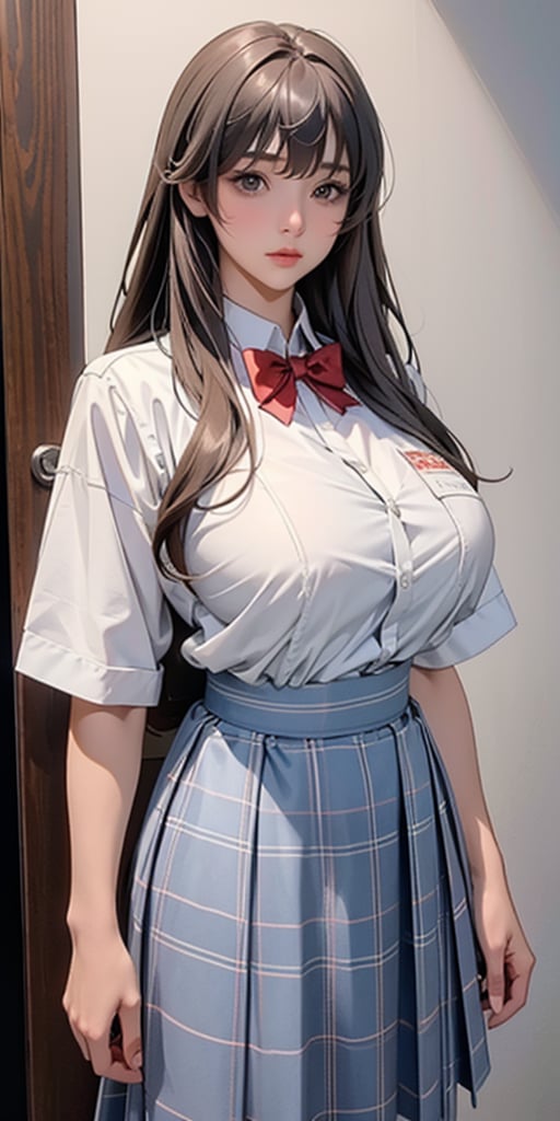 ealistic image of elegant lady, Korean beauty, supermodel, straight brown hair, (bangs 1.3), beautiful eyes, radiant, ice theme, custom design, 1girl, Venus figure with big breasts, red bow tie, white shirt, short sleeves, gray-blue plaid skirt, standing, school,sasha