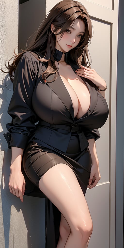  Korean beauty, supermodel, straight brown hair, beautiful eyes, radiant, ice theme, custom design, 1girl, Venus figure , big breasts, (slight smile: 0.7), big breasts, cleavage, (llong straight brown hair: 1.5), beautiful legs, secretary uniform 1.3, black suit jacket 1.4, black skirt