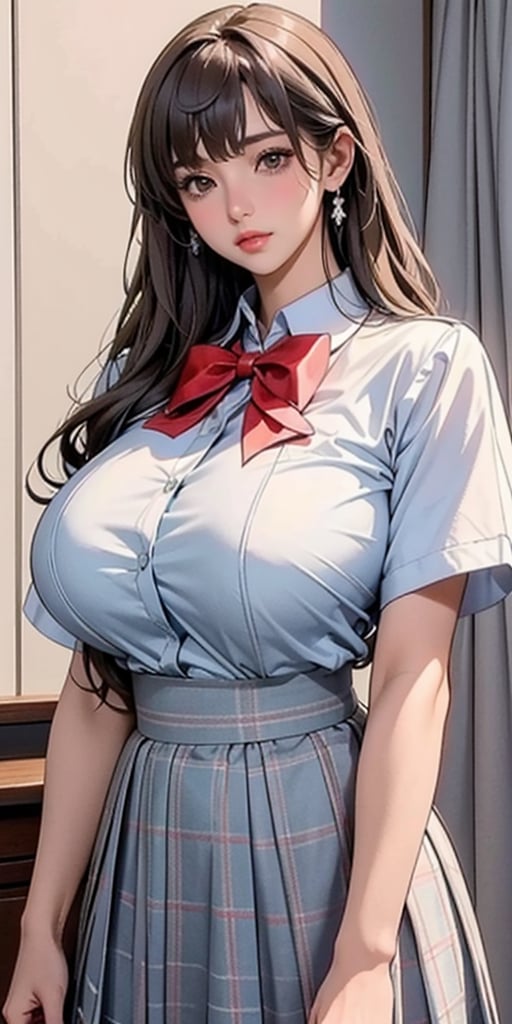 ealistic image of elegant lady, Korean beauty, supermodel, straight brown hair, (bangs 1.3), beautiful eyes, radiant, ice theme, custom design, 1girl, Venus figure with big breasts, red bow tie, white shirt, short sleeves, gray-blue plaid skirt, standing, school,sasha