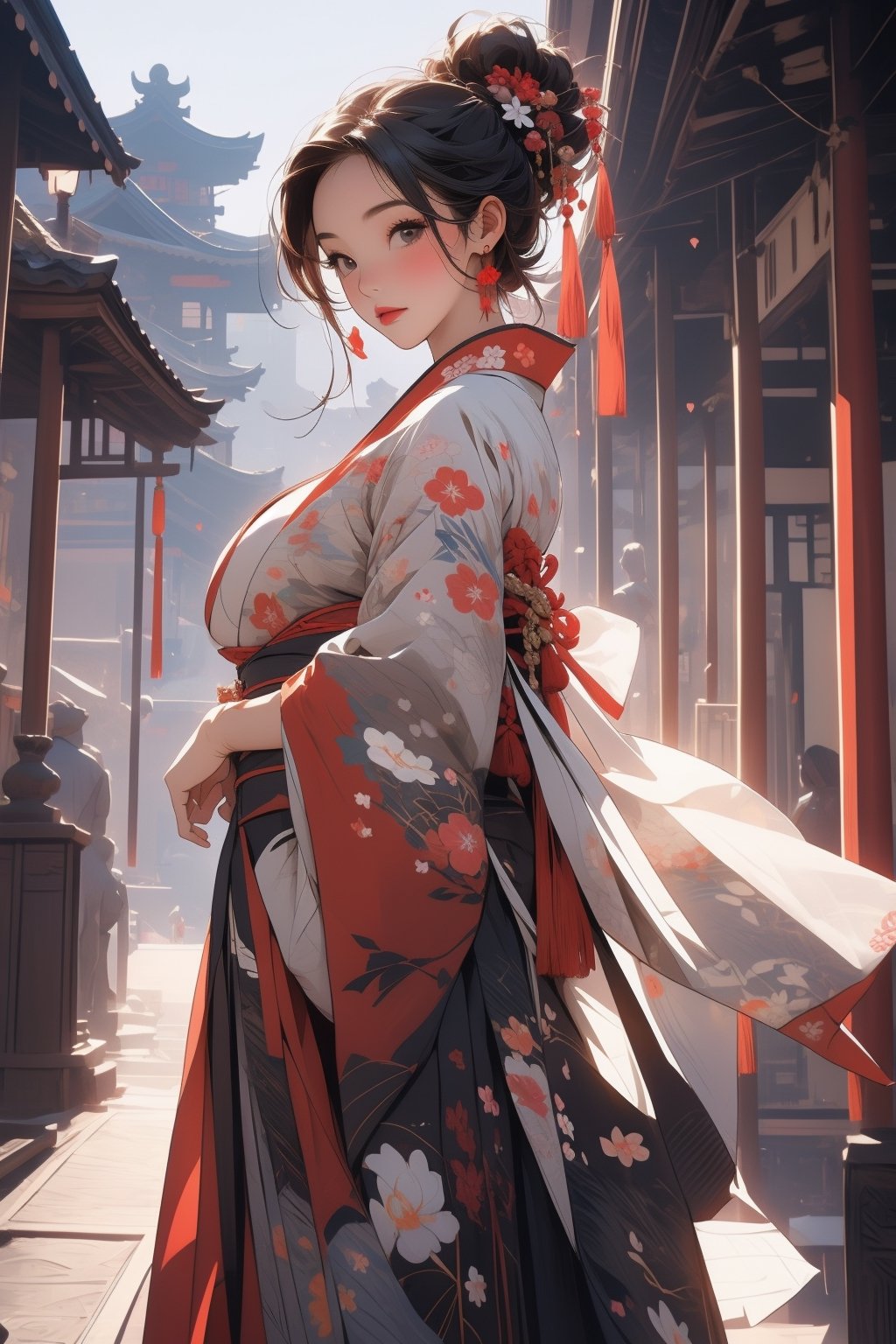 1girl, (Masterpiece: 1.4) (She wears a beautiful skirt that only those with a pure heart can see), kimono, (big breasts 1.5), beautiful underwear, beautiful embroidery, beautiful cloth, exquisite decoration, gorgeous, prominent ,japan background,mansion,palace,bogar,((beautiful background)),detailed drawing,wonderful,emotion,Chinese style