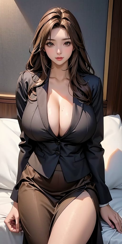  Korean beauty, supermodel, straight brown hair, beautiful eyes, radiant, ice theme, custom design, 1girl, Venus figure , big breasts, (slight smile: 0.7), big breasts, cleavage, (llong straight brown hair: 1.5), beautiful legs, secretary uniform 1.3, black suit jacket 1.4, black skirt