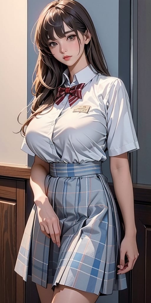 ealistic image of elegant lady, Korean beauty, supermodel, straight brown hair, (bangs 1.3), beautiful eyes, radiant, ice theme, custom design, 1girl, Venus figure with big breasts, red bow tie, white shirt, short sleeves, gray-blue plaid skirt, standing, school,sasha